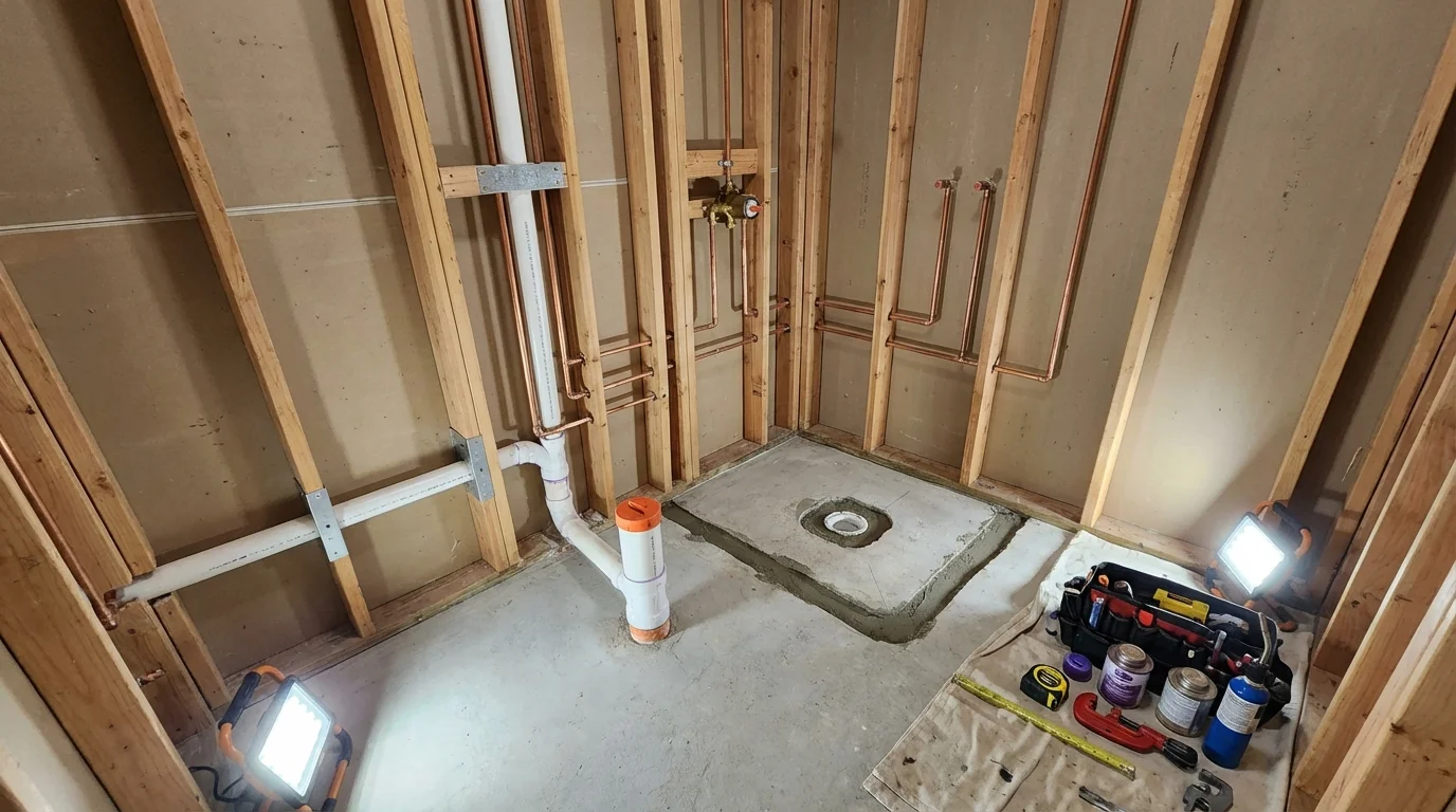 Bathroom rough-in plumbing during remodel by Johns Plumbing LLC in Port Jefferson