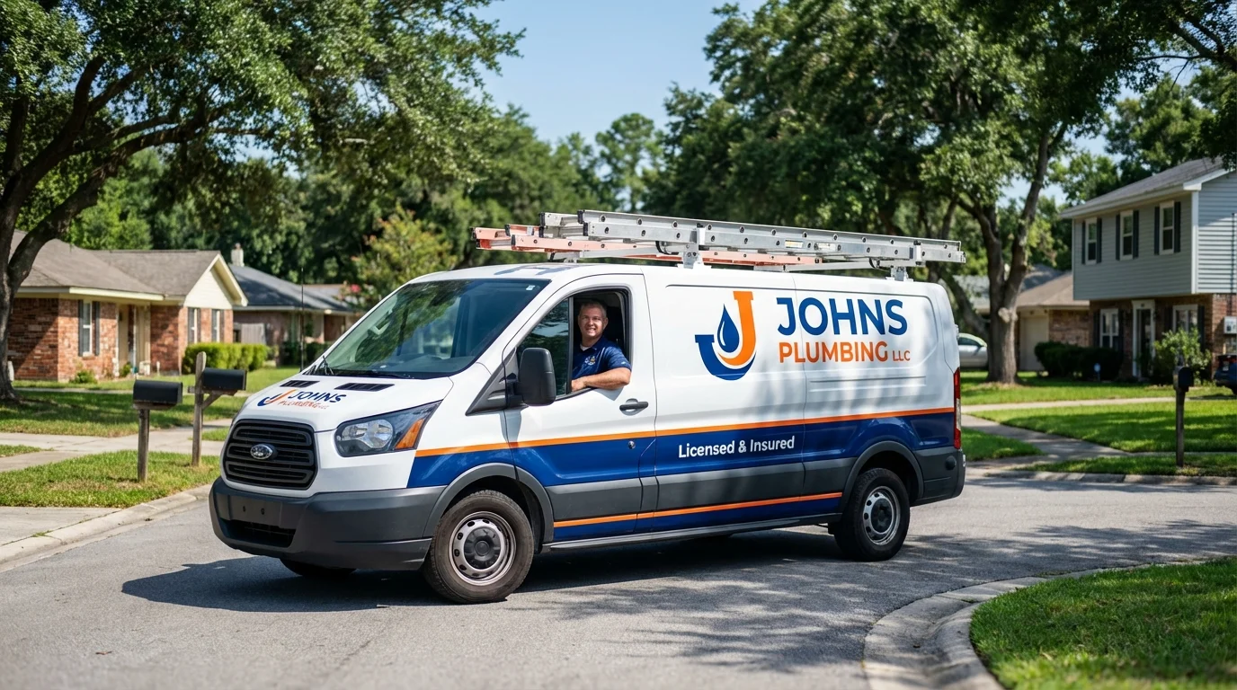 Johns Plumbing LLC service van in Port Jefferson, NY