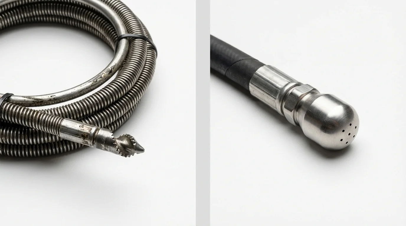 Drain snake cable and hydro jetting nozzle used for drain cleaning in Port Jefferson, NY