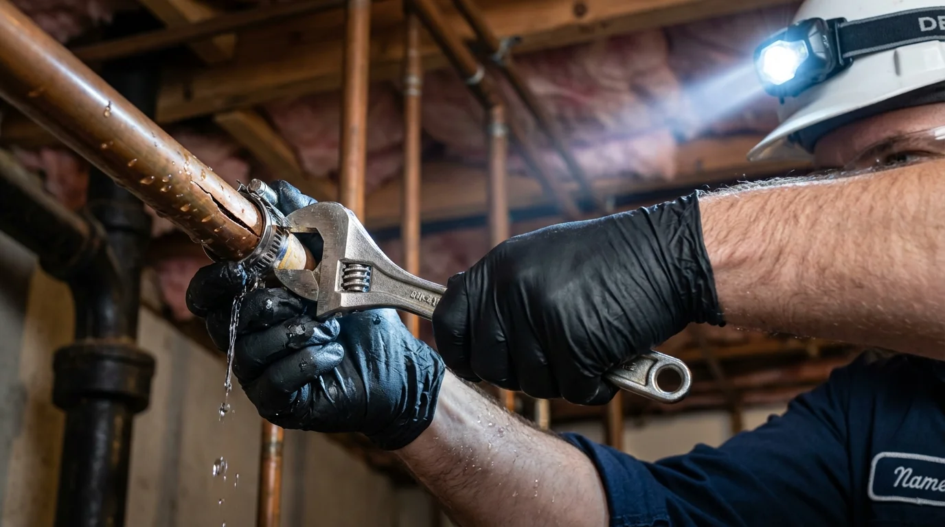 Emergency pipe clamp repair being performed by a Johns Plumbing LLC plumber in Port Jefferson