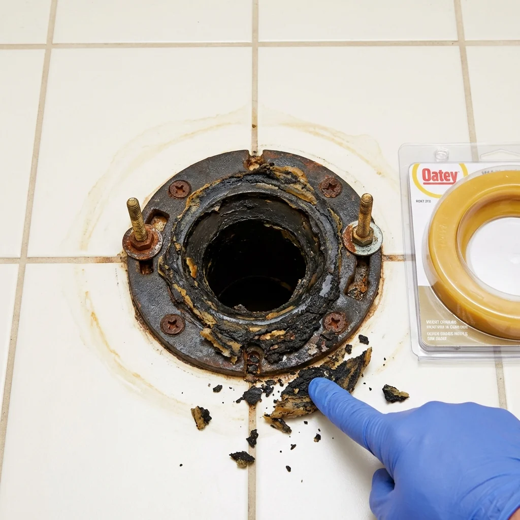 Failed wax ring showing water seepage at the base of a toilet in a Port Jefferson, NY home