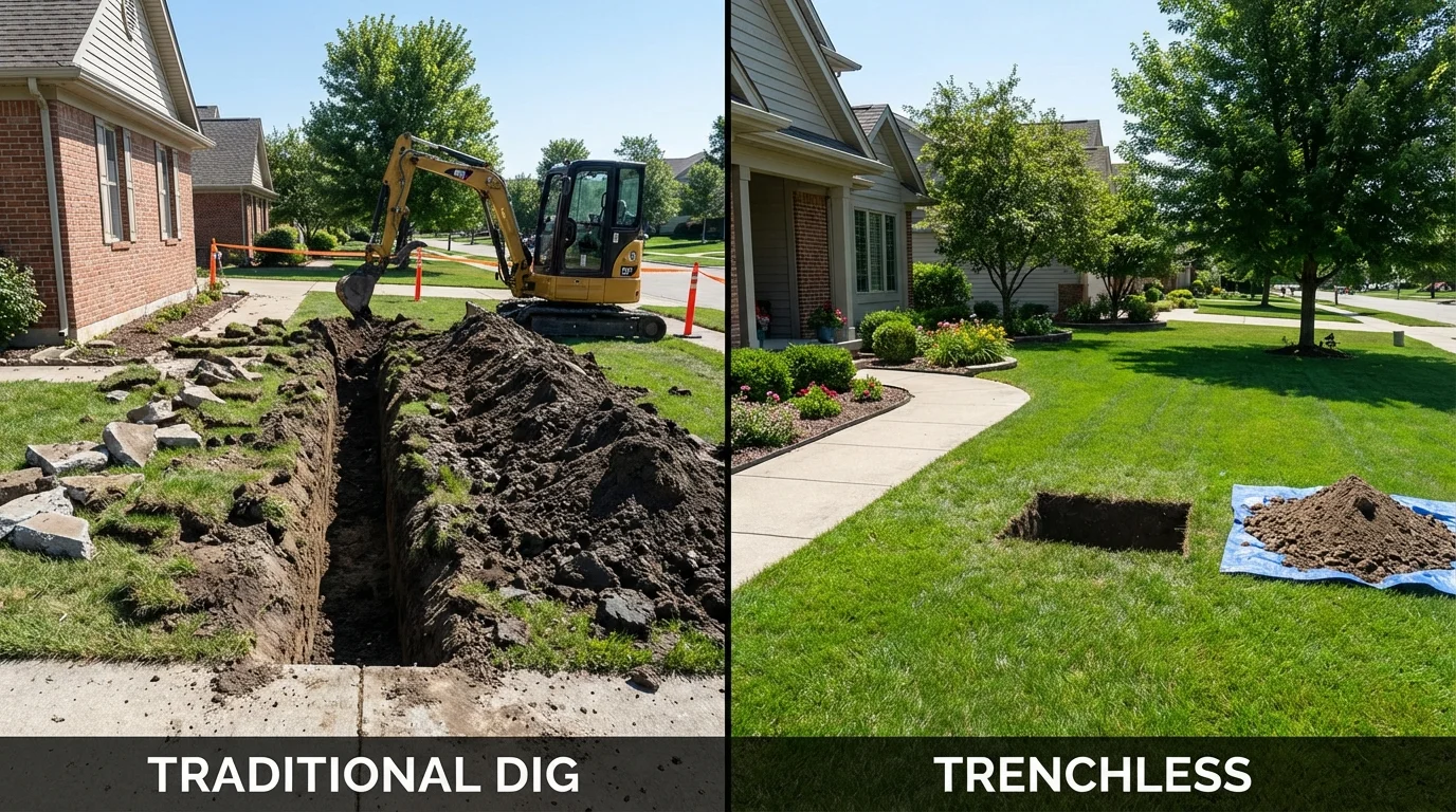 Trenchless sewer repair with minimal yard damage versus traditional excavation in Port Jefferson, NY
