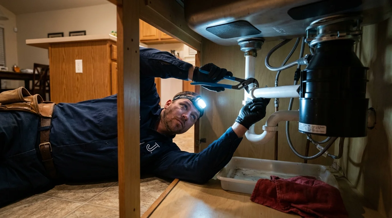 P-trap and supply line connections under a kitchen sink showing a common leak point in Port Jefferson, NY